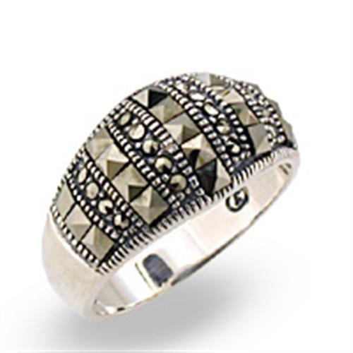 Antique Tone 925 Sterling Silver Ring with Semi-Precious Marcasite in Jet
