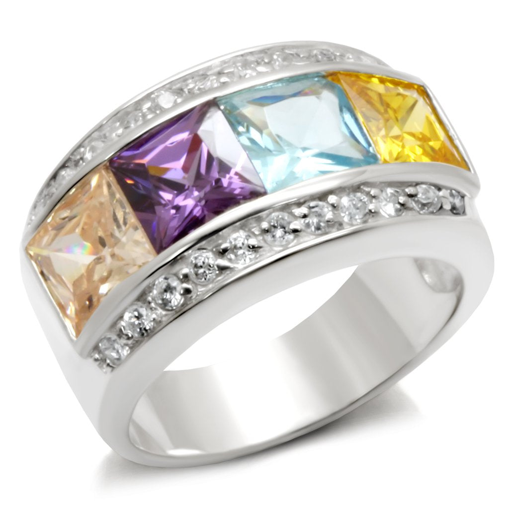 High-Polished 925 Sterling Silver Ring with AAA Grade CZ  in Multi Color