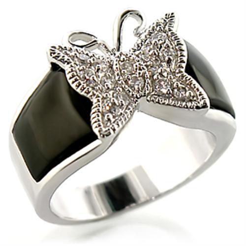 Rhodium Brass Ring with Semi-Precious Onyx in Jet