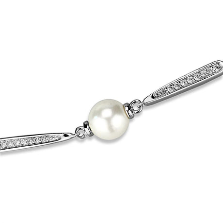 Rhodium Brass Bracelet with Synthetic Pearl in White