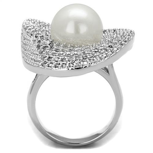 Rhodium Brass Ring with Synthetic Pearl in White