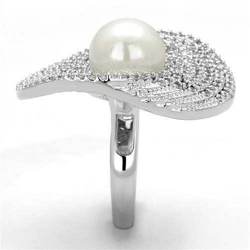 Rhodium Brass Ring with Synthetic Pearl in White