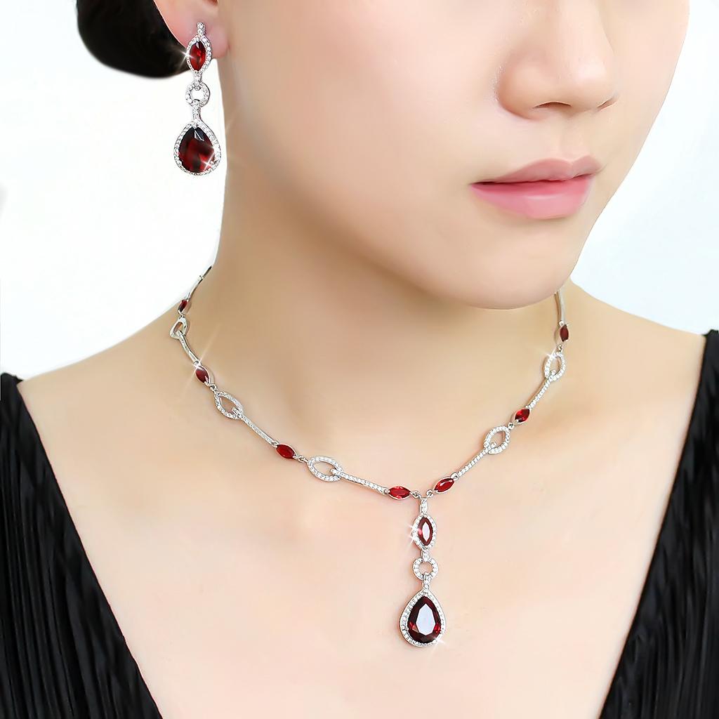 Rhodium Brass Jewelry Sets with Synthetic Synthetic Glass in Garnet