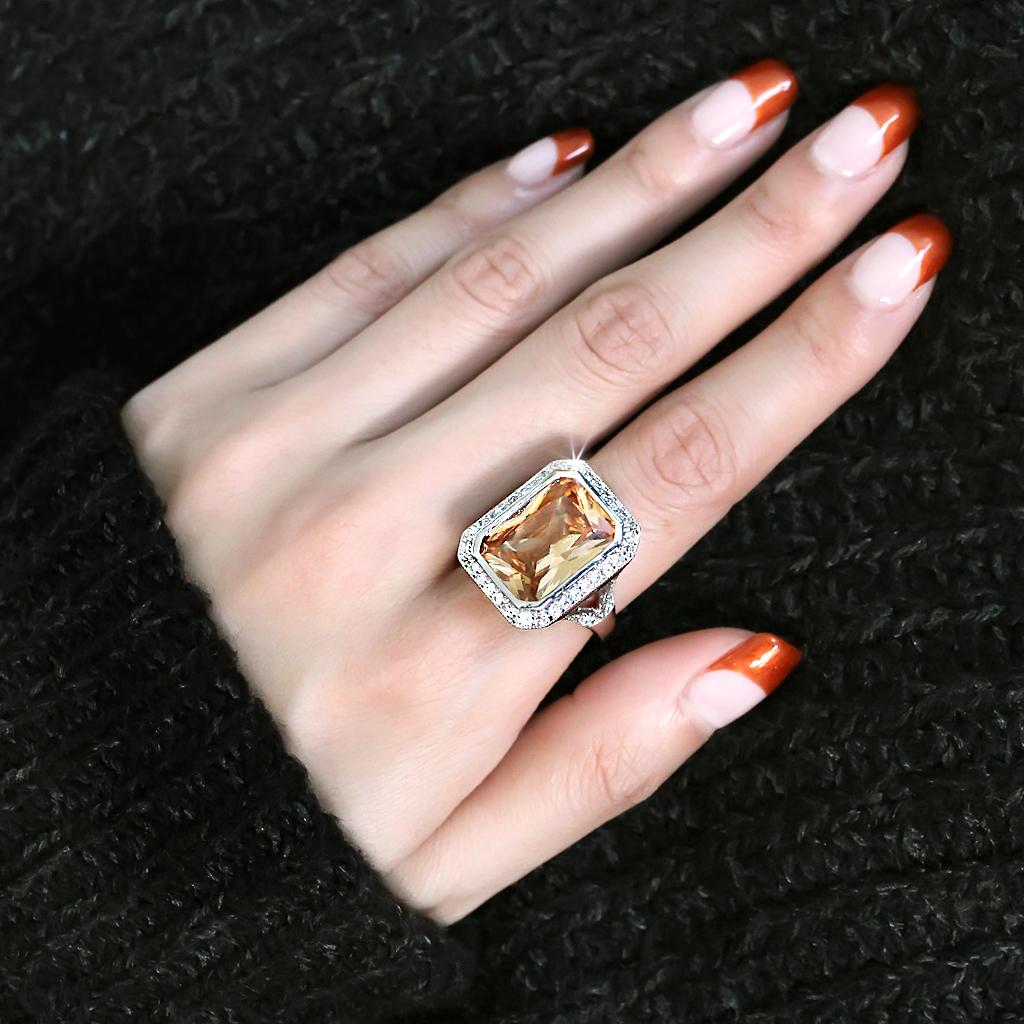 Rhodium Brass Ring with AAA Grade CZ  in Champagne