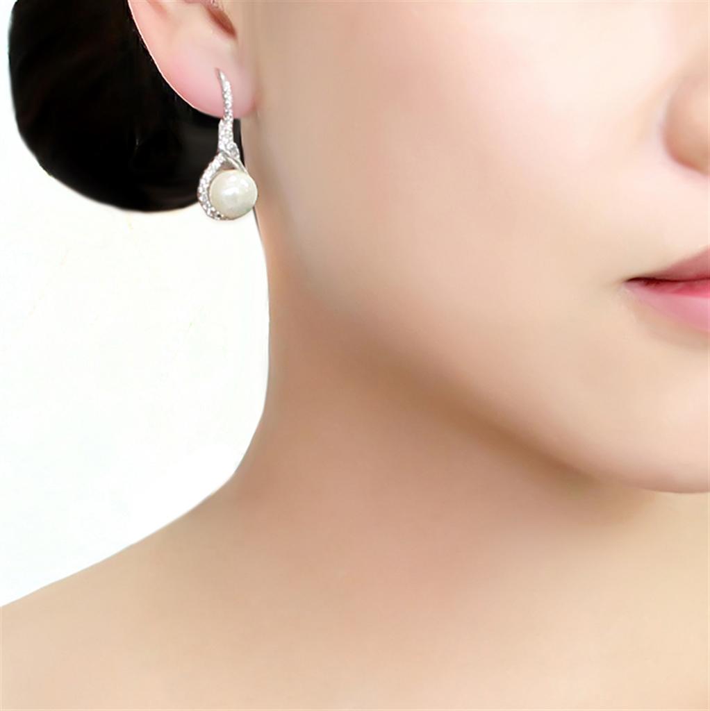 Rhodium Brass Earrings with Synthetic Pearl in White
