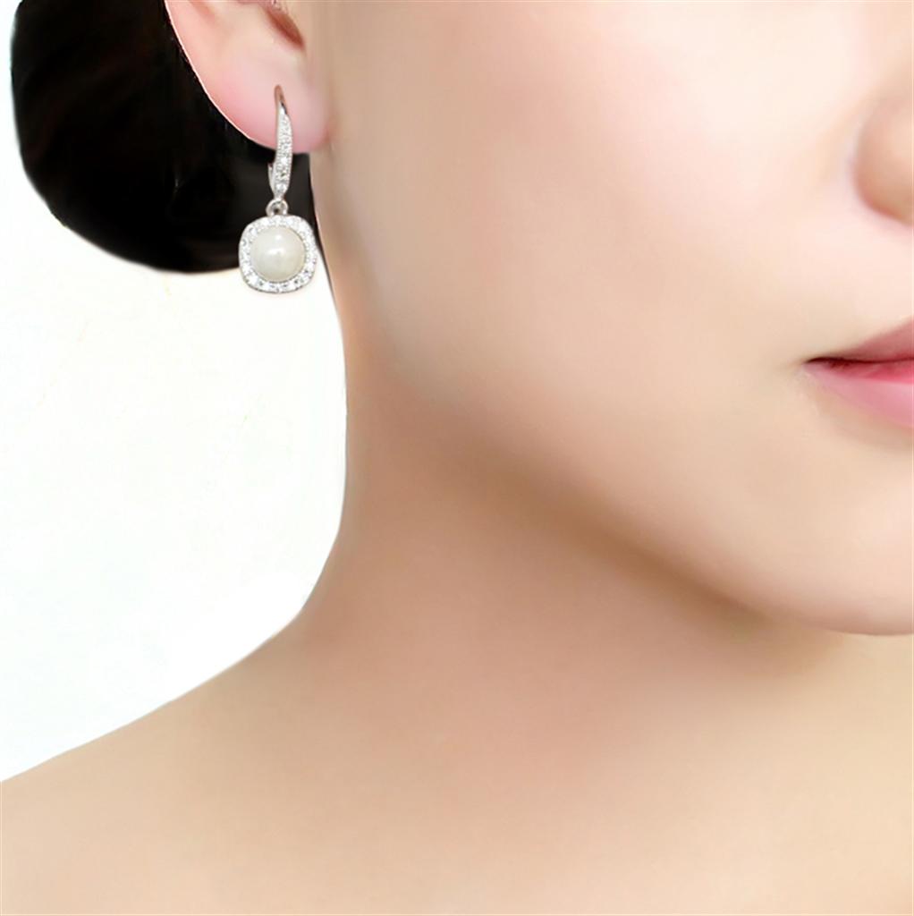 Rhodium Brass Earrings with Synthetic Pearl in White