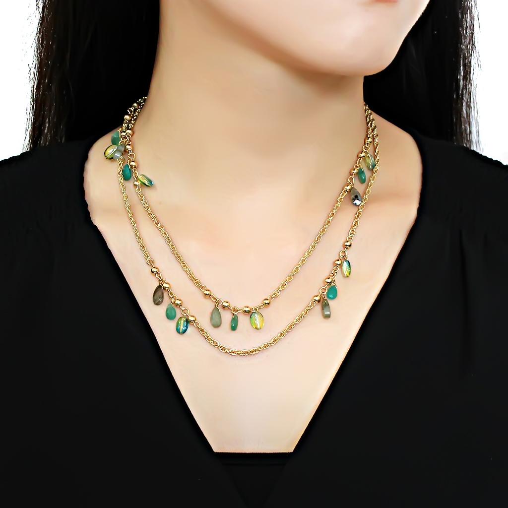 Gold Brass Necklace with Synthetic Jade in Emerald