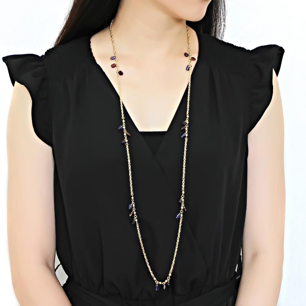 Gold Brass Necklace with Semi-Precious Amethyst Crystal in Amethyst