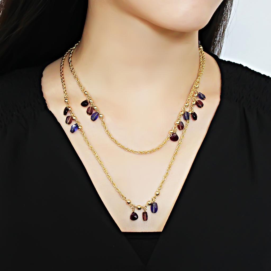 Gold Brass Necklace with Semi-Precious Amethyst Crystal in Amethyst