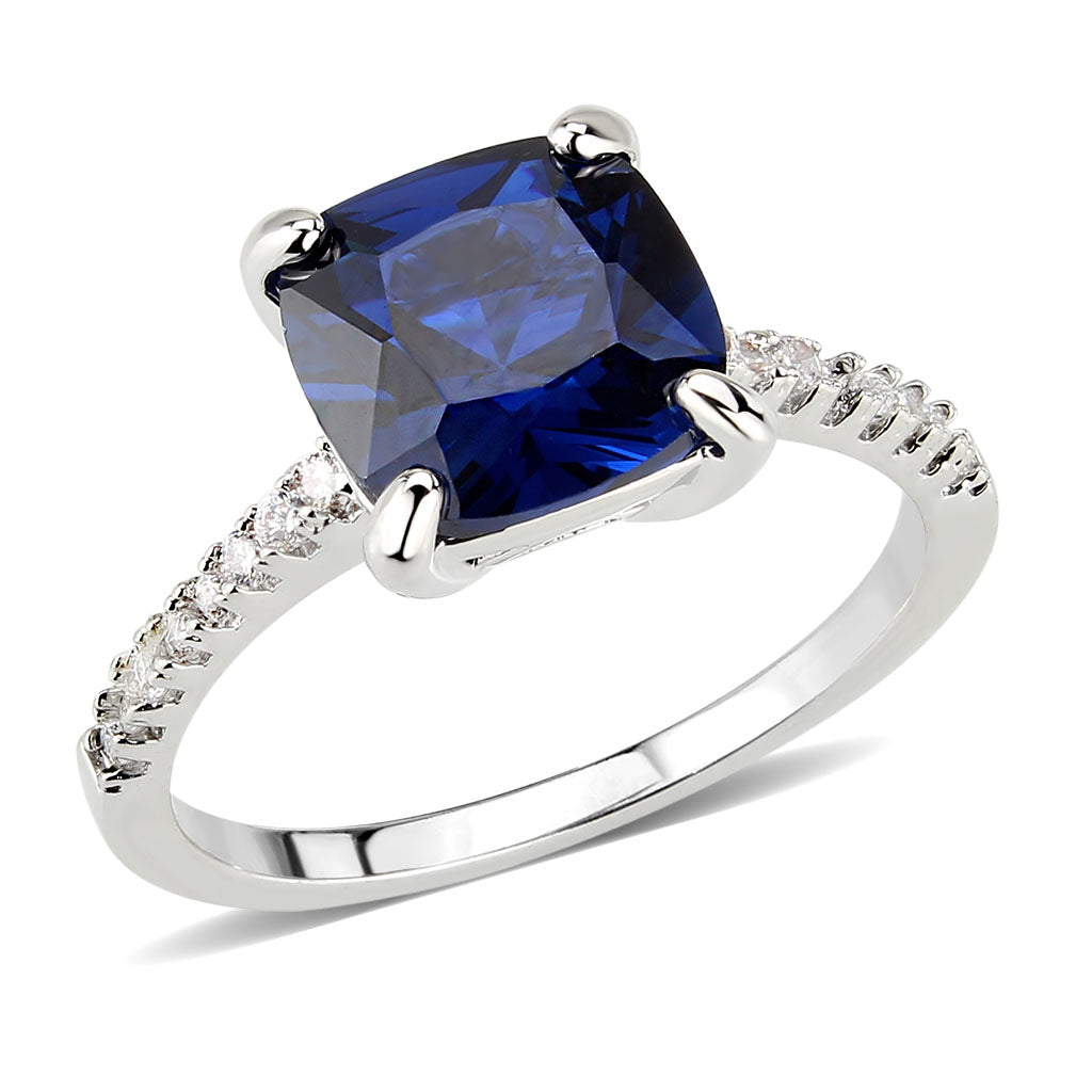 Rhodium Brass Ring with Lab Spinel in London Blue