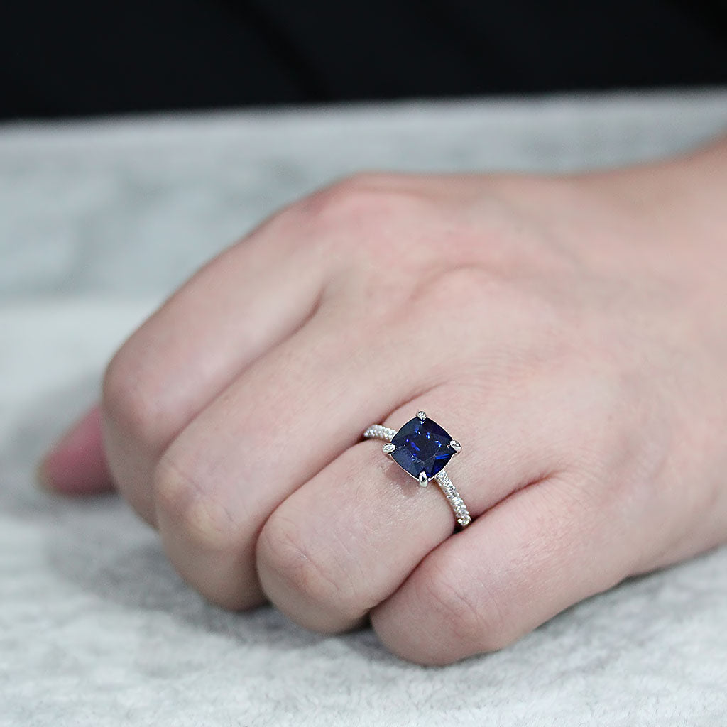 Rhodium Brass Ring with Lab Spinel in London Blue