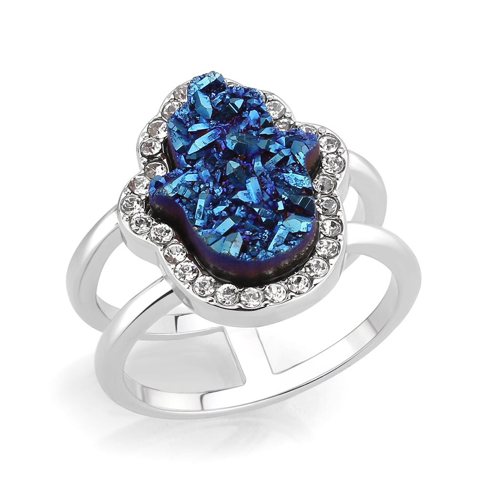 Imitation Rhodium+E-coating Brass Ring with Druzy in Capri Blue