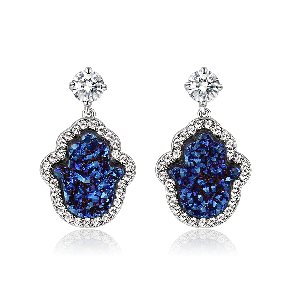 Imitation Rhodium+E-coating Brass Earring with Druzy in Capri Blue