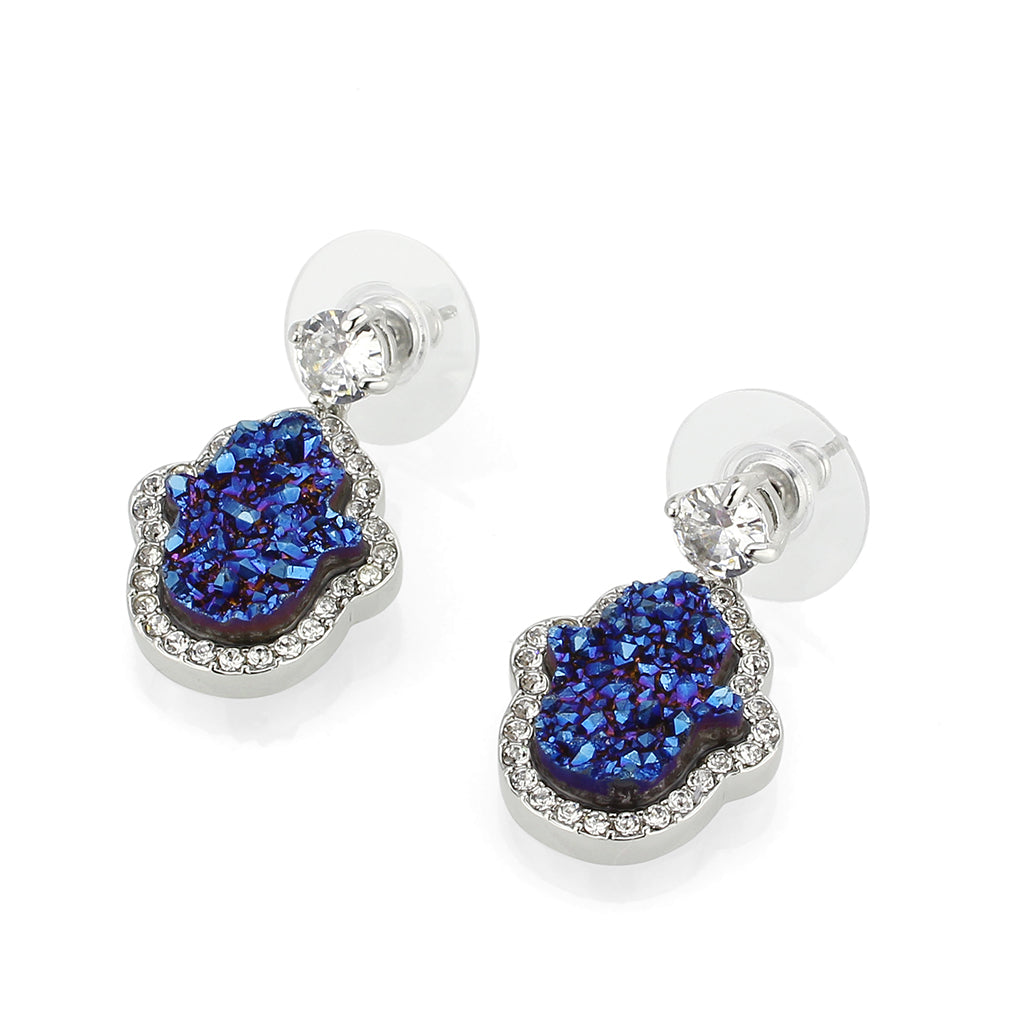 Imitation Rhodium+E-coating Brass Earring with Druzy in Capri Blue