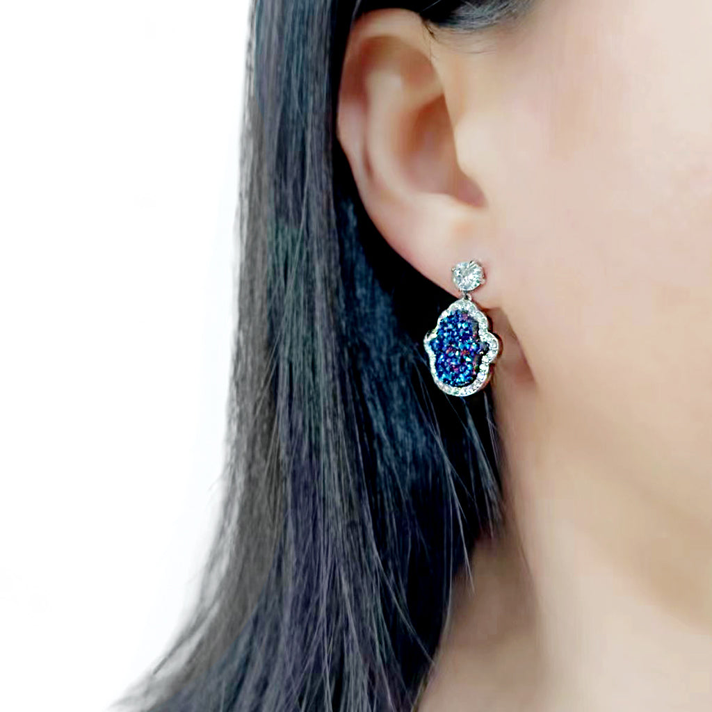 Imitation Rhodium+E-coating Brass Earring with Druzy in Capri Blue
