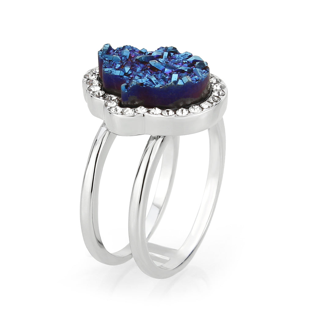 Imitation Rhodium+E-coating Brass Ring with Druzy in Capri Blue