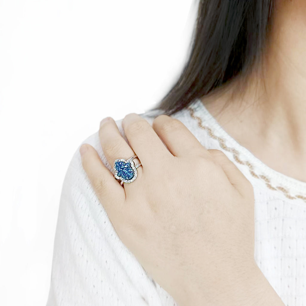Imitation Rhodium+E-coating Brass Ring with Druzy in Capri Blue