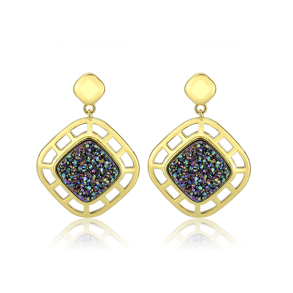 Flash Gold+E-coating Brass Earring with Druzy in Purple Series