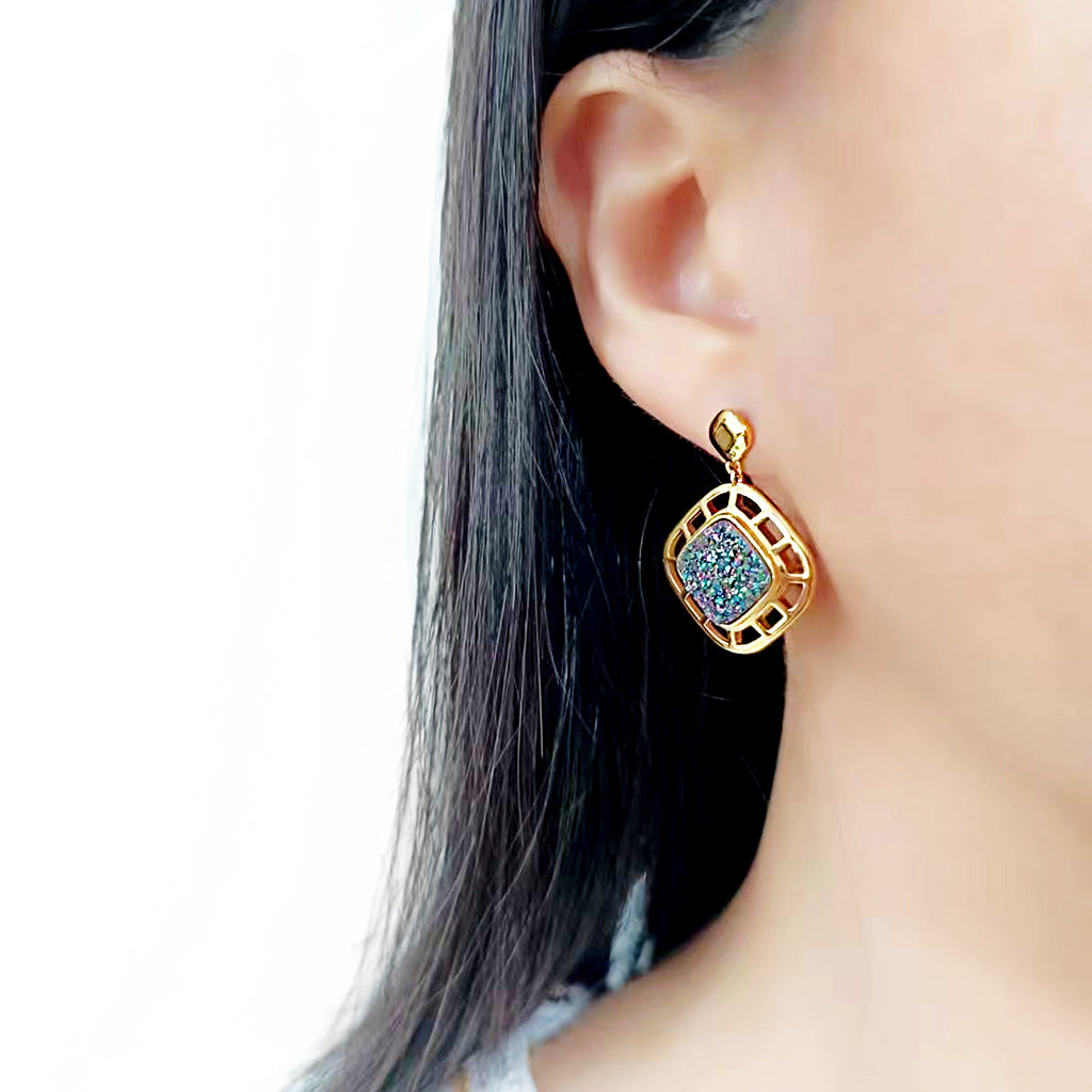 Flash Gold+E-coating Brass Earring with Druzy in Purple Series