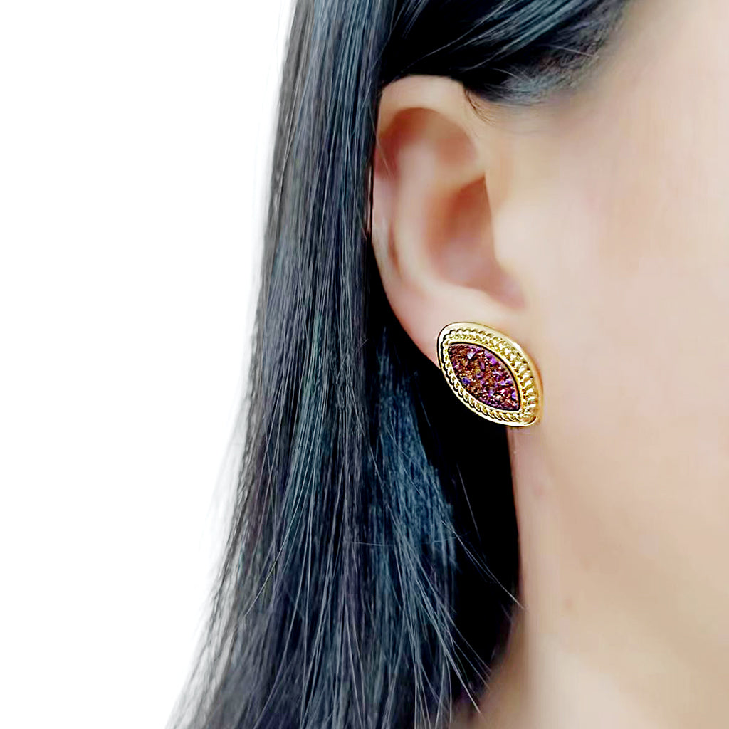 Flash Gold+E-coating Brass Earring with Druzy in Amethyst
