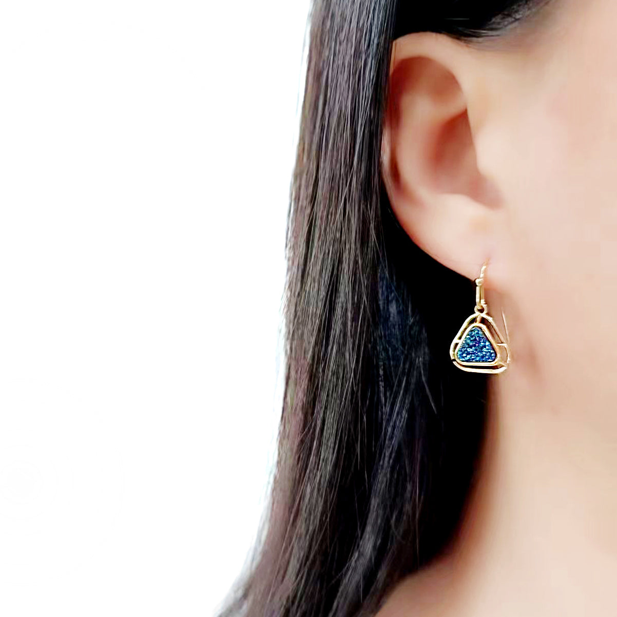 Flash Gold+E-coating Brass Earring with Druzy in Capri Blue