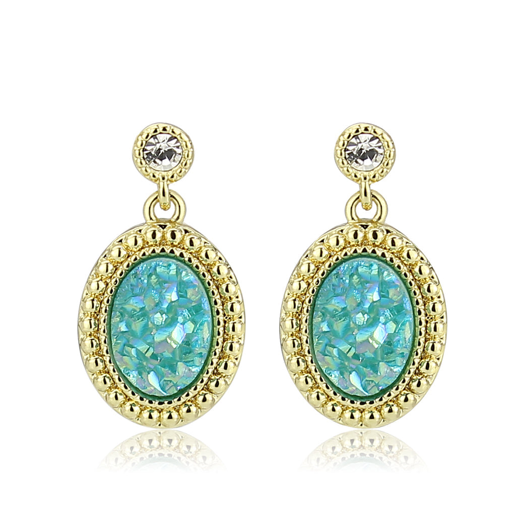 Flash Gold+E-coating Brass Earring with Druzy in Sea Blue
