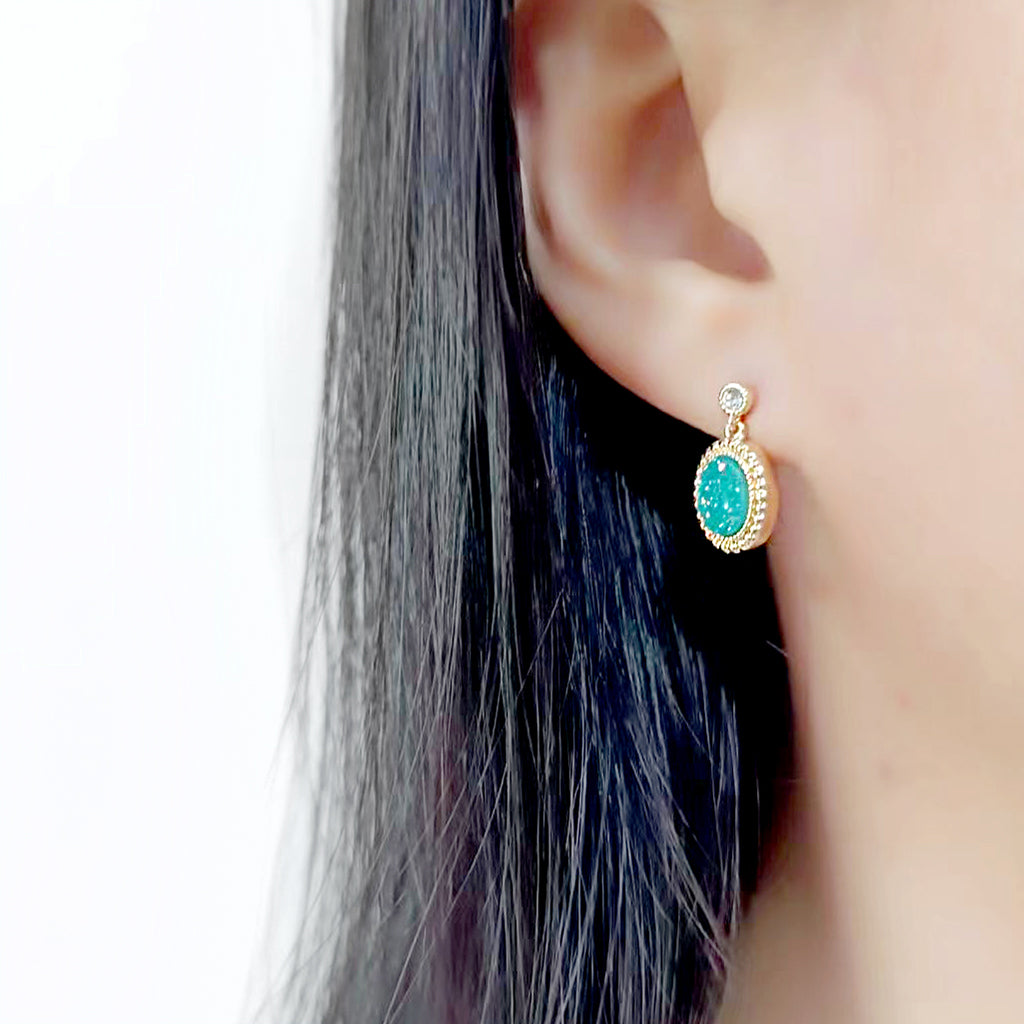 Flash Gold+E-coating Brass Earring with Druzy in Sea Blue