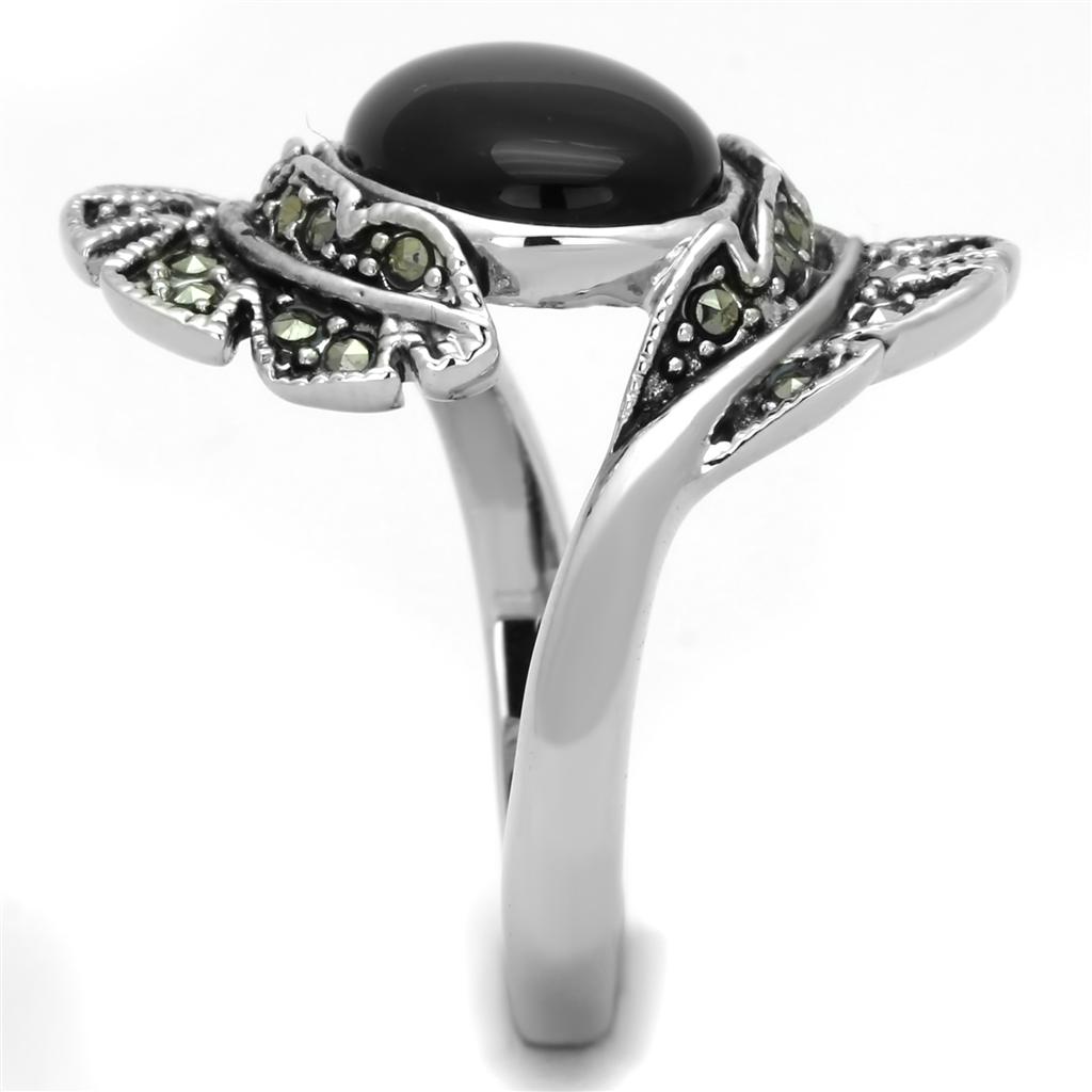 Rhodium Brass Ring with Synthetic Onyx in Jet