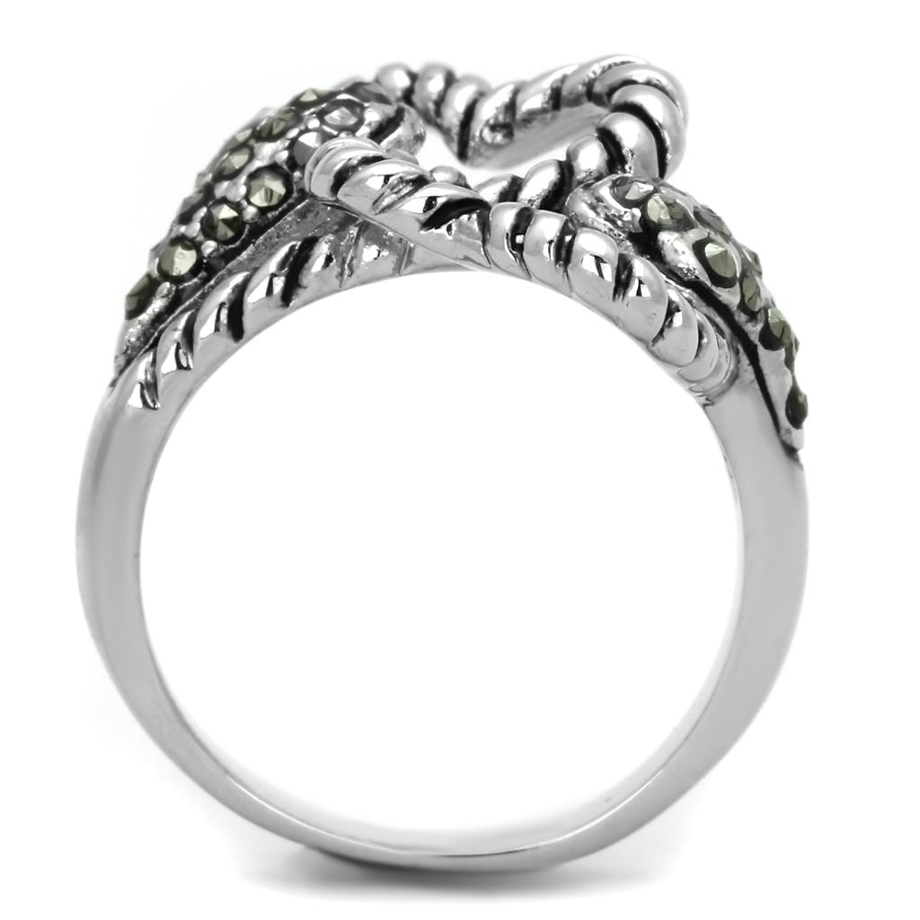 Rhodium Brass Ring with Synthetic Marcasite in Black Diamond