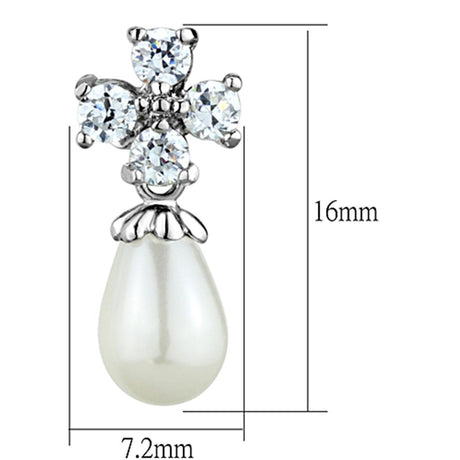 Rhodium Brass Earrings with Synthetic Pearl in White