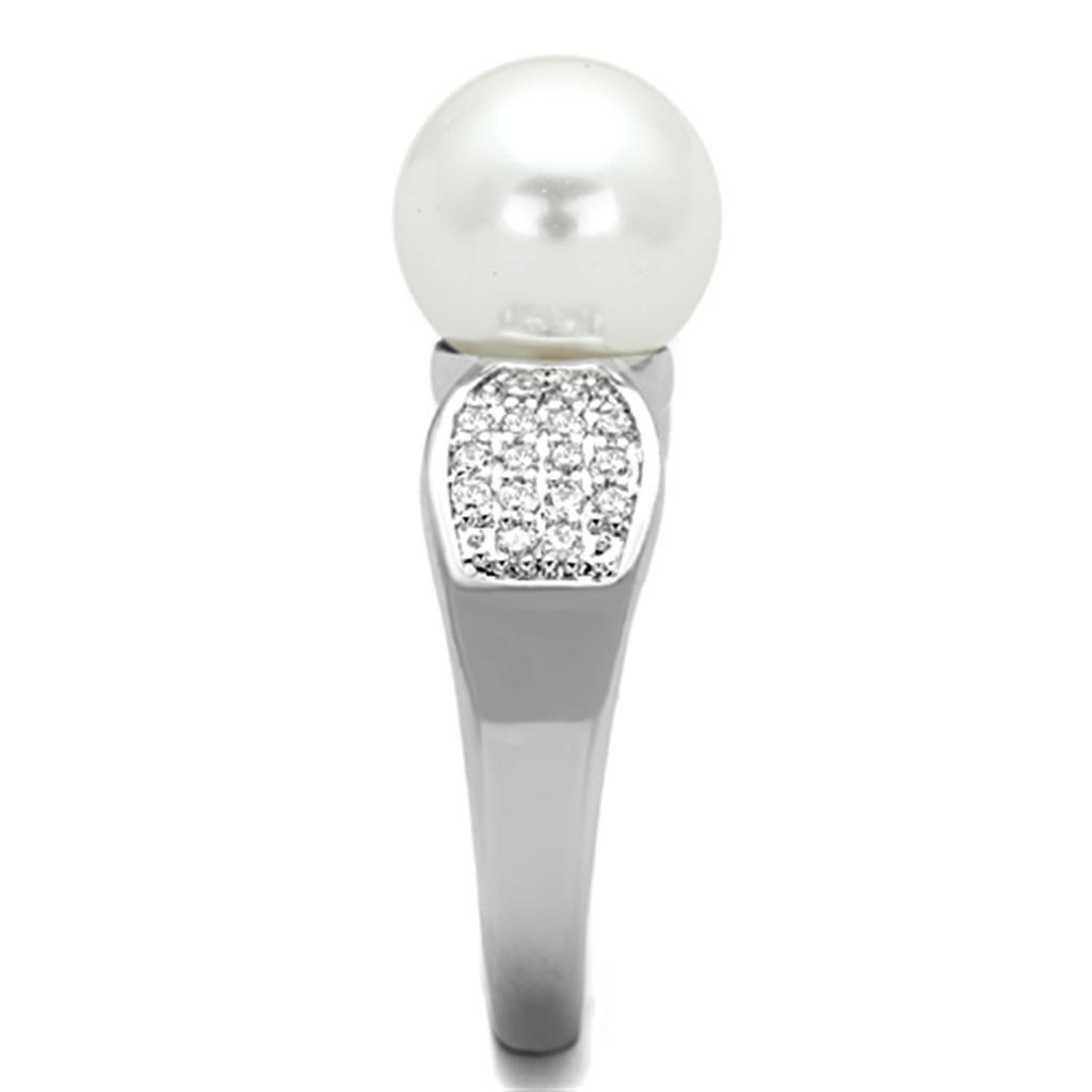 Rhodium Brass Ring with Synthetic Pearl in White
