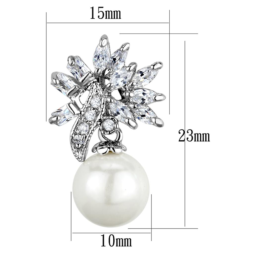 Rhodium Brass Earrings with Synthetic Pearl in White