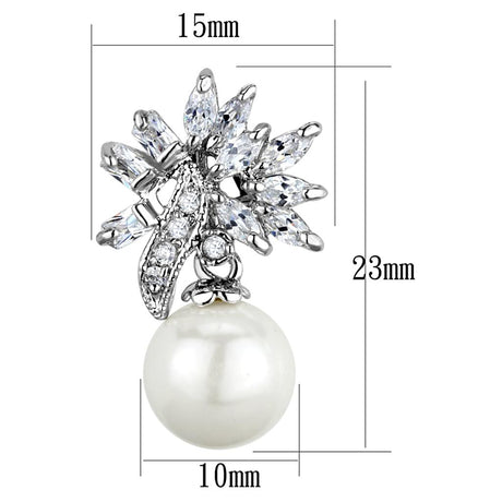 Rhodium Brass Earrings with Synthetic Pearl in White