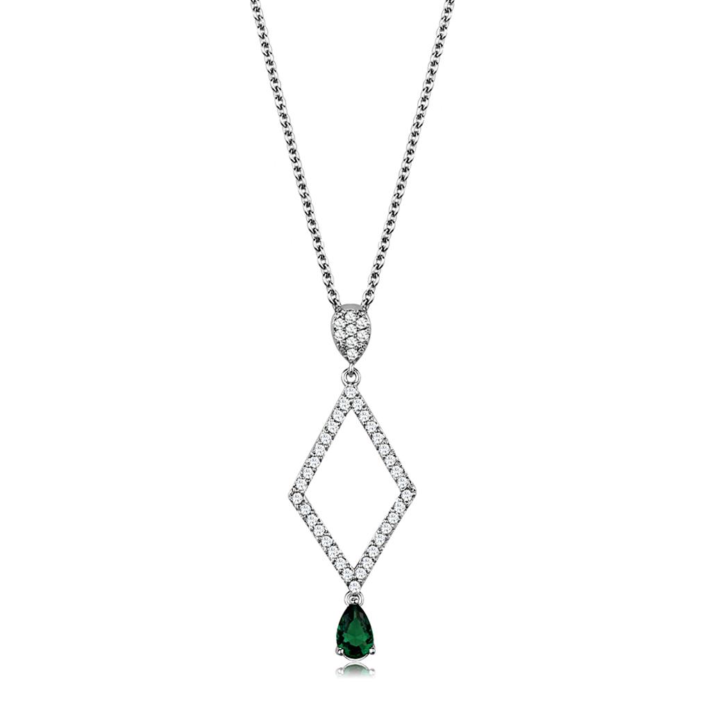 Rhodium Brass Chain Pendant with Synthetic Synthetic Glass in Emerald