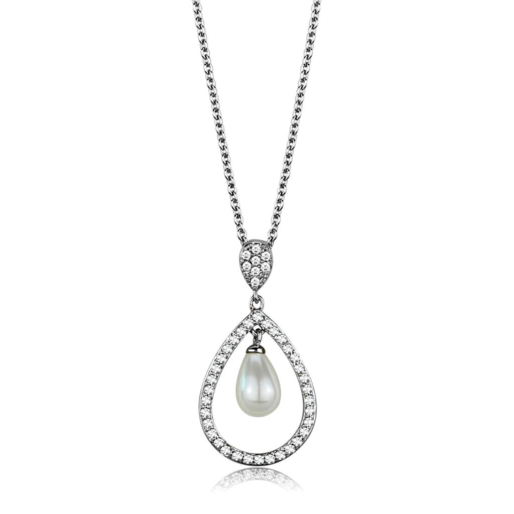 Rhodium Brass Chain Pendant with Synthetic Pearl in White