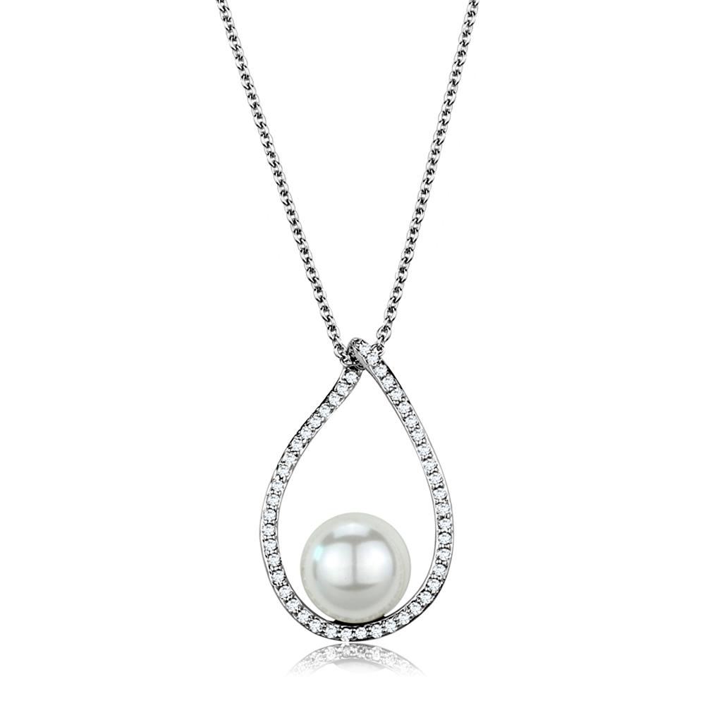 Rhodium Brass Chain Pendant with Synthetic Pearl in White