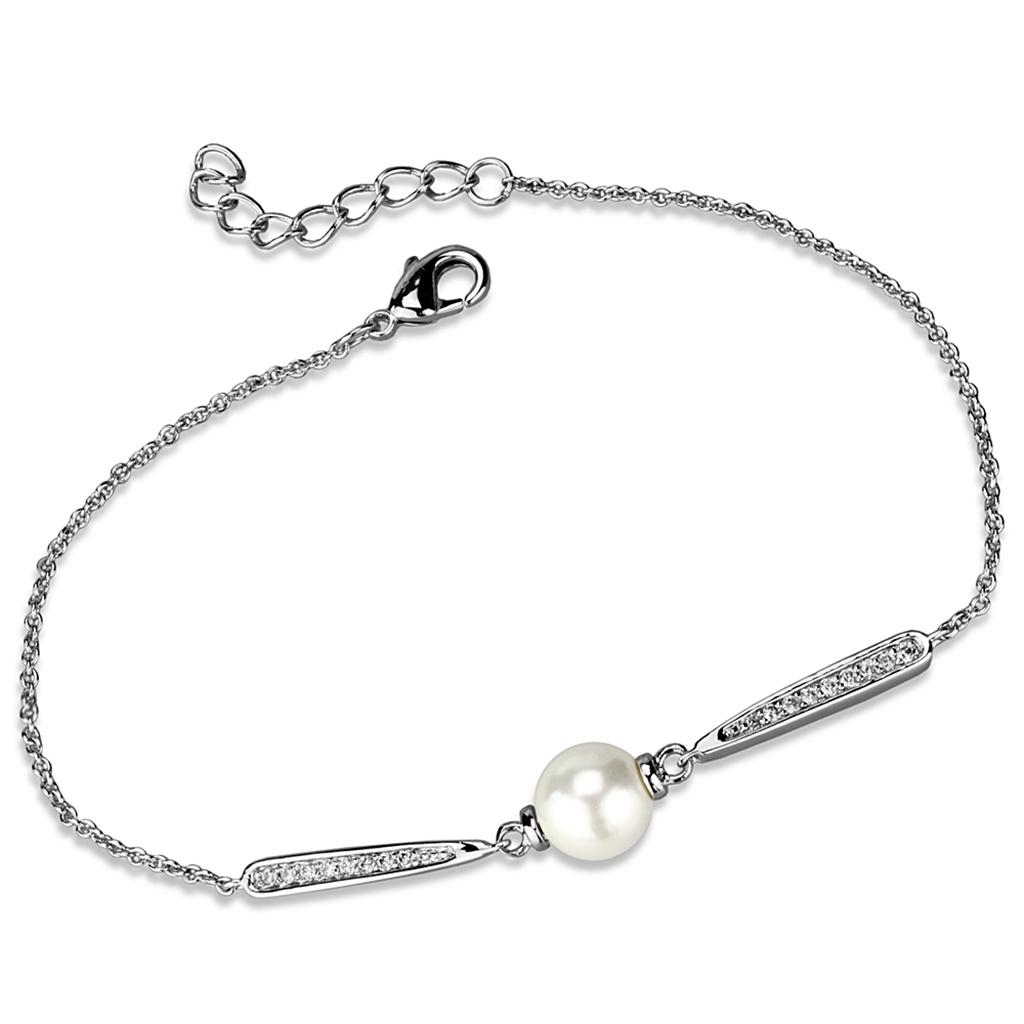 Rhodium Brass Bracelet with Synthetic Pearl in White