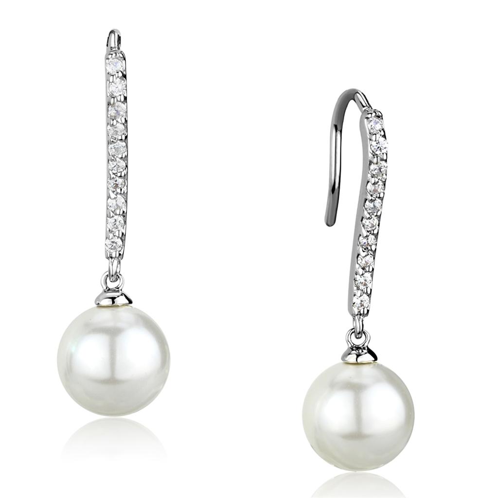 Rhodium Brass Earrings with Synthetic Pearl in White