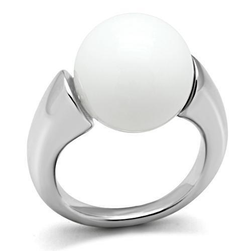 Rhodium Brass Ring with Synthetic Glass Bead in White