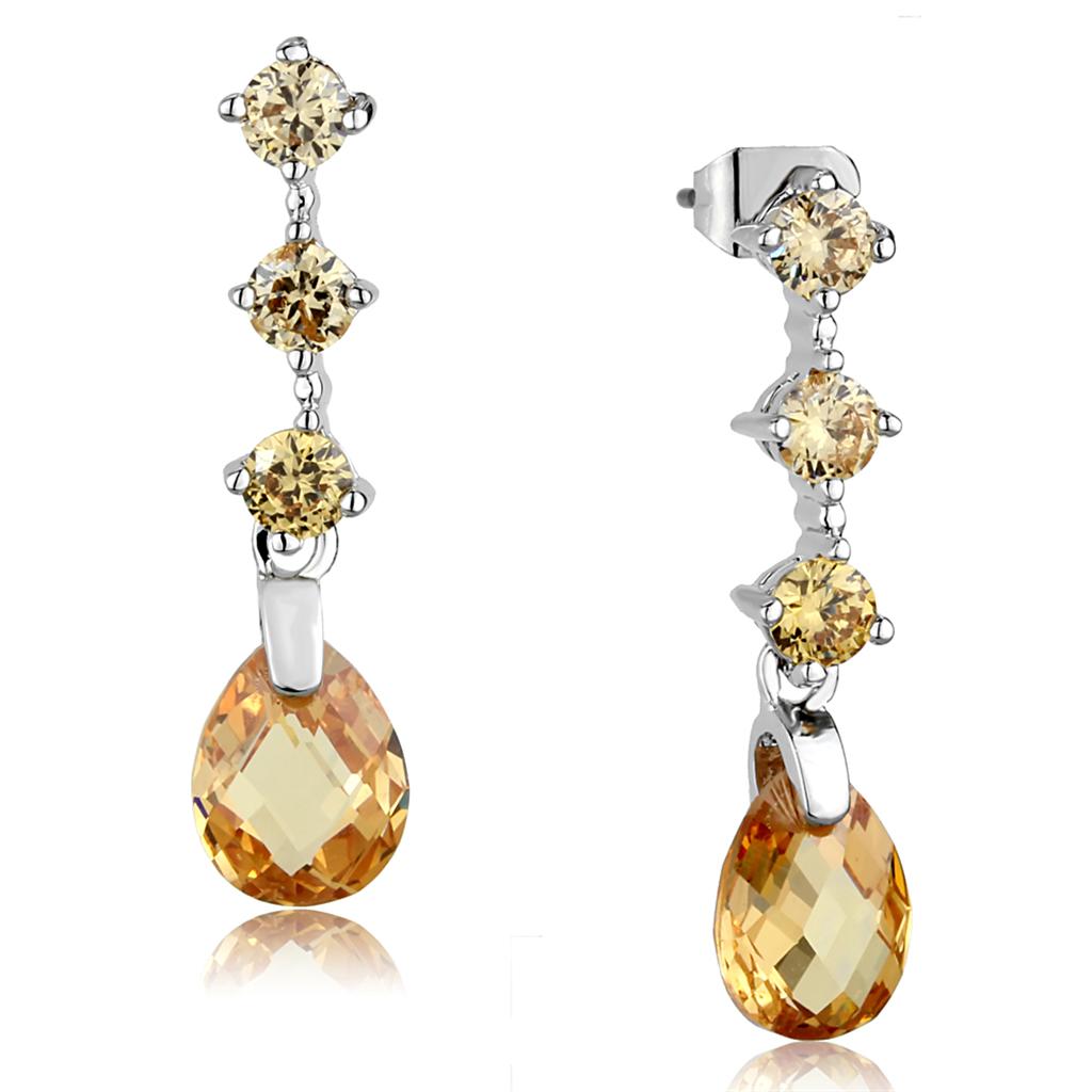 Rhodium Brass Earrings with AAA Grade CZ  in Champagne