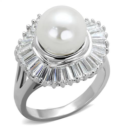 Rhodium Brass Ring with Synthetic Pearl in White