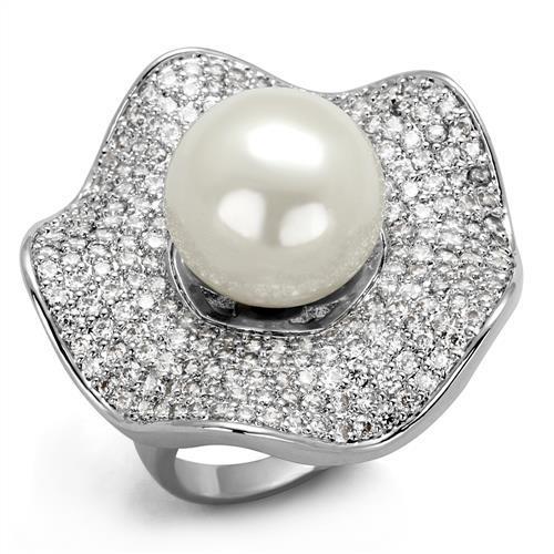 Rhodium Brass Ring with Synthetic Pearl in White