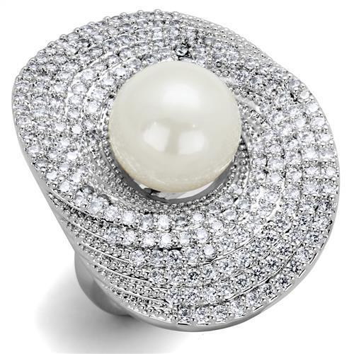 Rhodium Brass Ring with Synthetic Pearl in White