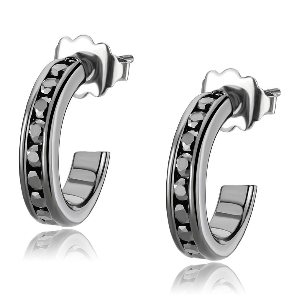 IP Light Black  (IP Gun) Brass Earrings with Top Grade Crystal  in Light Gray