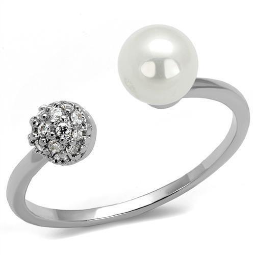 Rhodium Brass Ring with Synthetic Pearl in White