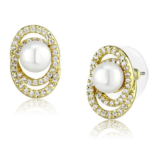 Gold Brass Earrings with Synthetic Pearl in White