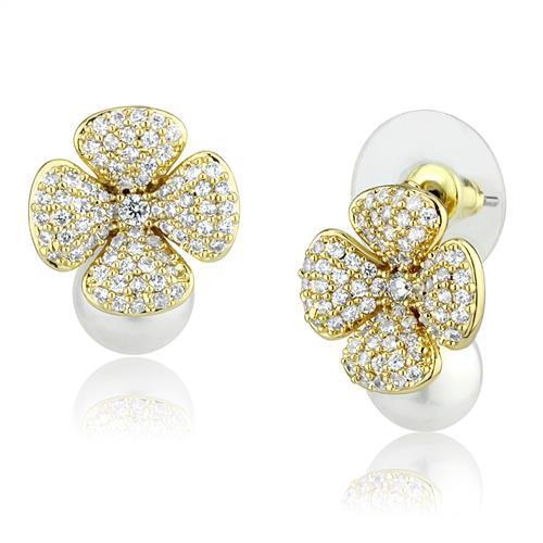 Gold Brass Earrings with Synthetic Pearl in White
