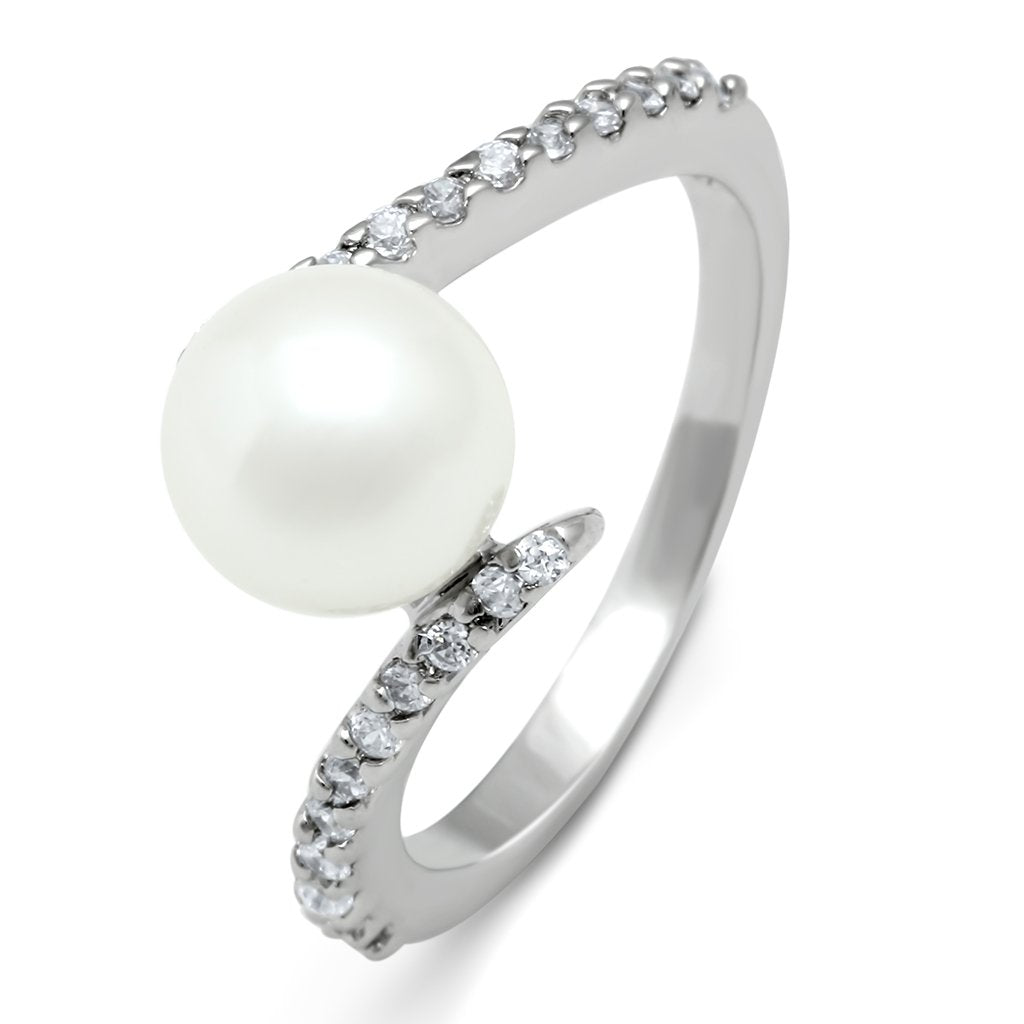 Rhodium Brass Ring with Synthetic Pearl in White