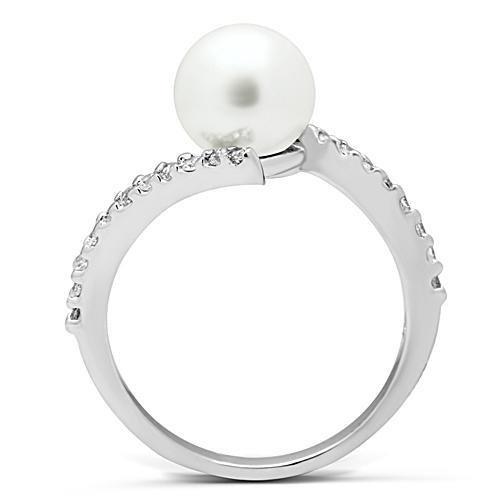 Rhodium Brass Ring with Synthetic Pearl in White