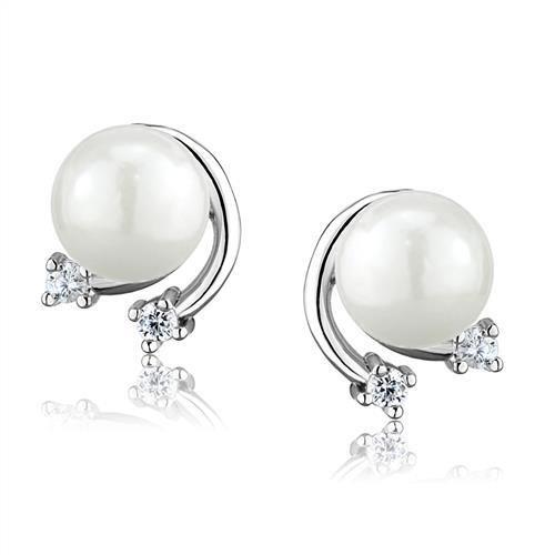 Rhodium Brass Earrings with Synthetic Pearl in White
